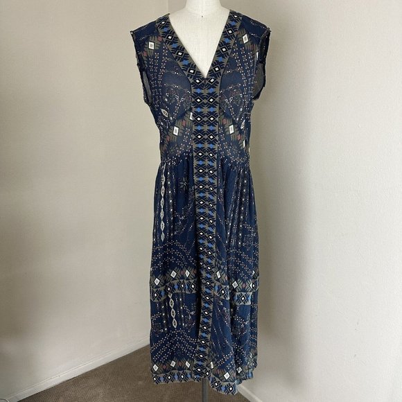 SEA‎ New York Blue Sheer Silk Blend Pattern Midi Dress 2 - Picture 1 of 14